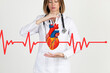 © Polina - Female doctor cardiologist holds human heart isolated on white. Heart desease treatment concept.
