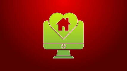 Sticker - Green line Computer monitor with house in heart shape icon isolated on red background. Love home symbol. Family, real estate and realty. 4K Video motion graphic animation