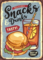 Wall Mural - Snacks and drinks retro sign with tasty sandwich and orange juice smoothie. Restaurant kids menu advertising board. Vector food illustration.