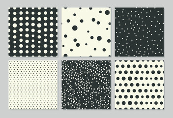 Abstract seamless patterns with drawing polka dots. Modern vector design