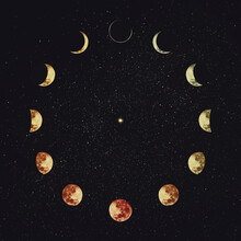 Moon Phases Over Starry Night Sky Background. Astronomy And Astrology Conceptual Scene. Esoteric Magic Celestial Signs, Lunar Annual Calendar, Symbol For 12 Months, Or Minimalist Clock Shape Orbit