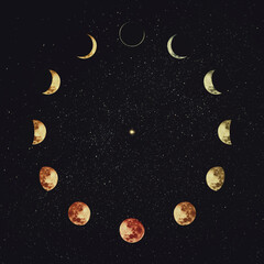 Moon phases over starry night sky background. Astronomy and astrology conceptual scene. Esoteric magic celestial signs, lunar annual calendar, symbol for 12 months, or minimalist clock shape orbit