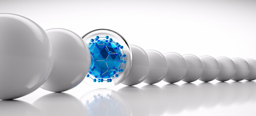 Wall Mural - blue molecular structured c60 sphere in a row of white spheres