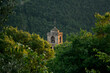 Great view of the bell tower of San Pedro church among the lush vegetation, in the town of Boltaña, in the Aragonese Pyrenees (Huesca, northern Spain)