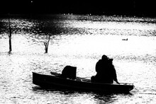 Novi Sad, Serbia - November 19, 2020: Danube Island (Šodroš) Near Novi Sad, Serbia. Old Fisherman Rowing Boat.  Black White Photo.