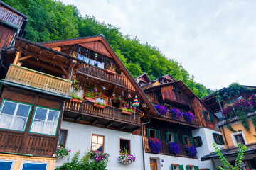 Wall Mural - Colorful houses at picture-postcard view of famous Hallstatt mountain village in the Austrian Alps at beautiful light in autumn at Hallstatt, Austria.