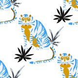 Fototapeta Dinusie - Creative seamless pattern with tiger in tropical forest. Bright summer print for any purposes. Trendy style.	
