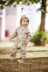 Wall Mural - Cute little baby boy in overalls walking in Park