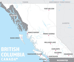  Map of British Columbia, Canada. Simple touristic BC travel map with destination cities, highways, lakes, surrounding Canadian provinces and American states. Modern blue white and grey colors.