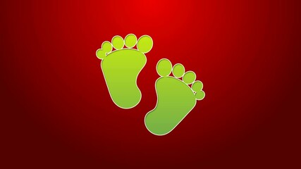 Poster - Green line Baby footprints icon isolated on red background. Baby feet sign. 4K Video motion graphic animation