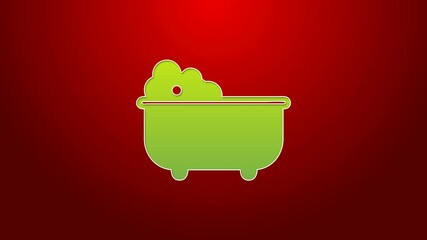 Poster - Green line Baby bathtub with foam bubbles inside icon isolated on red background. 4K Video motion graphic animation