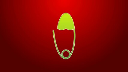 Sticker - Green line Classic closed steel safety pin icon isolated on red background. 4K Video motion graphic animation