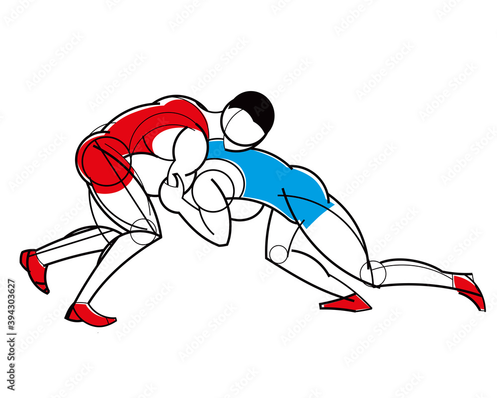 Freestyle wrestling. Stylized athletes are fighting. Linear geometric pattern. Isolate. Vector graphics - obrazy, fototapety, plakaty 