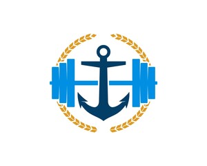 Sticker - Circular wheat with gym barbell with nautical anchor