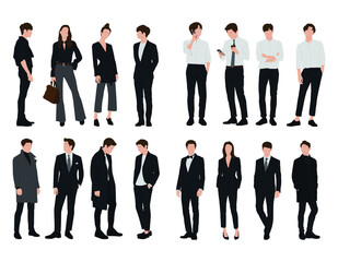 Wall Mural - Vector of young businessman and women with suit, Business people, group of men and women, wearing working outfit, standing in white background