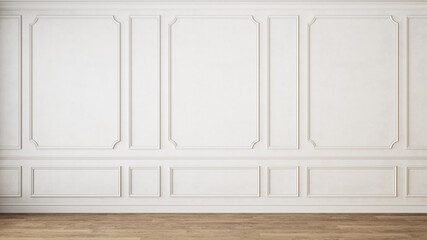 modern classic white empty interior with wall panels molding and wooden floor. 3d render illustratio