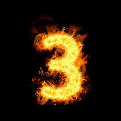 Flaming 3 on black background. Stylized number design