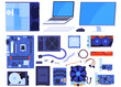 © Igor - Set of computer parts. Case, monitor, laptop, motherboard, processor, video card, RAM, keyboard, mouse, hard drive, SSD, wires. Isolated vector illustration