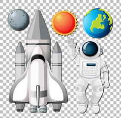 Wall Mural - set of space elements with astronuat on transparent background