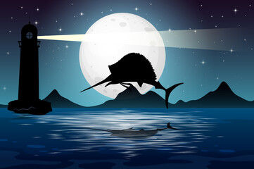 Poster - Marlin fish in nature scene silhouette