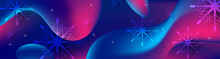 Blue And Purple Christmas Snowflakes Background With Liquid Wavy Shapes. Vector Banner Design