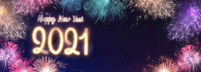 Poster - Happy new year 2021 firework  on sky at night time celebration,mock up Banner for advertise on social media