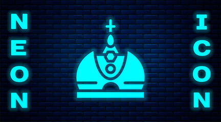 Wall Mural - Glowing neon King crown icon isolated on brick wall background. Vector.