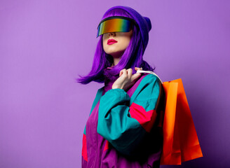 Wall Mural - Style woman in VR glasses and 80s tracksuit with shopping bags