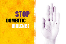 Domestic Violence Pop Art Banner On Yellow Background. Abstract Violence Domestic Halftone Vector Illustration. Stop Sign Human Hand With Ribbon. Poster Against Crime. Stop Domestic Abuse.
