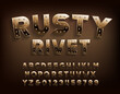 Rusty Rivet alphabet font. Damaged metallic letters and numbers with rivets. Stock vector typescript for your design.