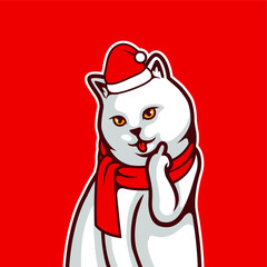 Wall Mural - White Cat Kitten Make A Middle Finger Symbol. Wearing Christmas Costume, Santa Claus Hat, Muffler, For Christmas Day and New Year Vector Illustration - Vector