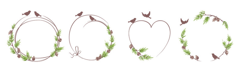 Winter frames, sketch wreath, christmas backgrounds. Set vector design elements. Fir branches with cone and birds.