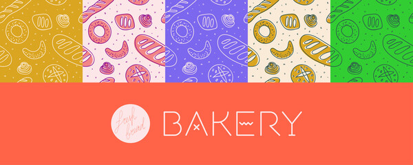 Wall Mural - Bakery shop background with hand drawn vector illustration. Cooking courses pattern. Multicolor bakery seamless pattern for pastry bread label design, bakeshop packaging, culinary blog, branding cafe.