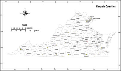 Virginia state outline administrative and political vector map in black and white