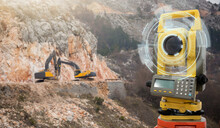 Theodolite (total Positioning Station) On A Background Of Road Construction In Mountains