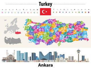 Wall Mural - turkey distrcts colored by provinces map. ankara cityscape. vector illustration