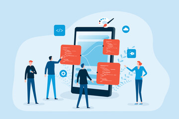 Wall Mural - mobile application and web design development process with. group business team working and meeting