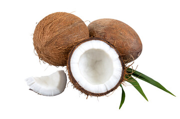 Wall Mural - Coconut on a white background, isolated. Whole coconut, halves, shells, pieces of coconut on a green palm leaf. Tropical fruit.