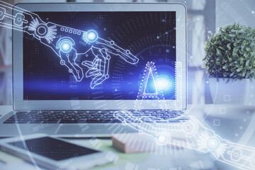 multi exposure of desktop computer and technology theme hologram. concept of software development.