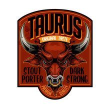 "Taurus" - Beer Label Design. Colorful Vector Illustration In Stylish Engraving Technique Of Red Bull Head With Gold Ring In His Nose.