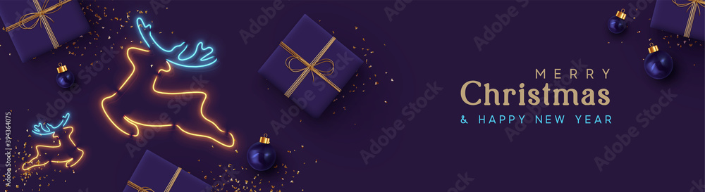 Christmas website header or banner, holiday poster. Xmas Background realistic gift box, bauble ball, glitter gold confetti, deer symbol neon light effect. Horizontal composition. Vector illustration - obrazy, fototapety, plakaty 