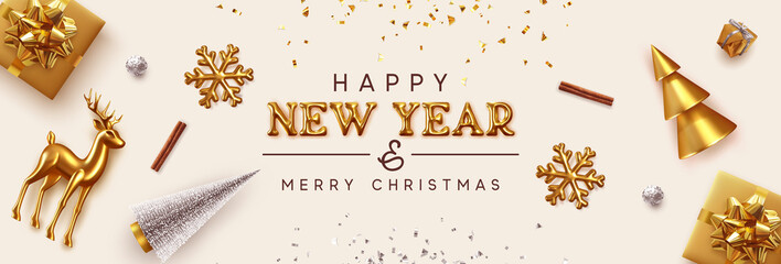 Wall Mural - Happy New Year and Merry Christmas banner. Background Xmas design of realistic Gold decorative metal holiday objects. Festive decorations. Horizontal poster, greeting card, headers website. 3d vector