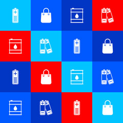 Sticker - Set Battery charge level indicator, Shopping bag, Oil barrel and icon. Vector.