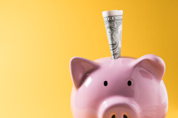 Piggy bank on yellow background for economy, saving money wealth and financial concept