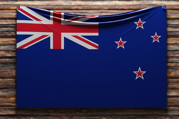 Wall Mural - 3D illustration of the national   fabric flag of New Zealand  nailed on a wooden wall .Country symbol.