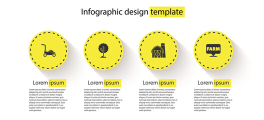 set lawn mower, tree, farm house and location farm. business infographic template. vector.