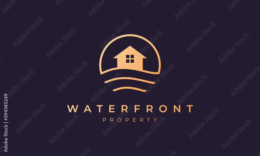 real estate agency logo of gold line with house in circle shape with ocean wave - obrazy, fototapety, plakaty 