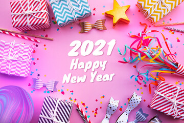Wall Mural - 2021 happy new year celebration concepts with gift box and ornament in colorful background
