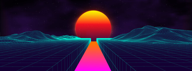 Wall Mural - 80s background retro landscape. futuristic neon 1980s style. cyber surface. party background. retro 