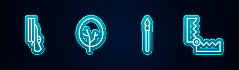 Wall Mural - Set line Shotgun, Tree, Medieval spear and Trap hunting. Glowing neon icon. Vector.